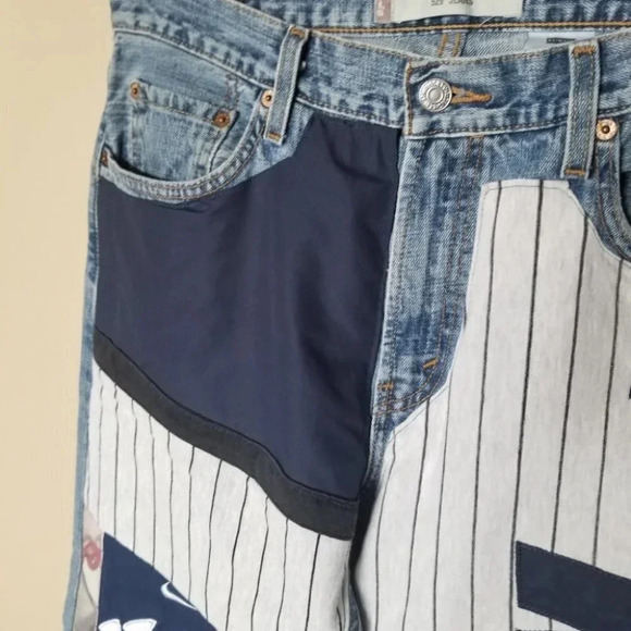 Levi's Low Rise Straight Patchwork Yankees  Baseball Nike White Red NY 34 - Picture 10 of 13